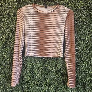 Womens XS Brown Striped Fitted Shein Long Sleeve Crop Top